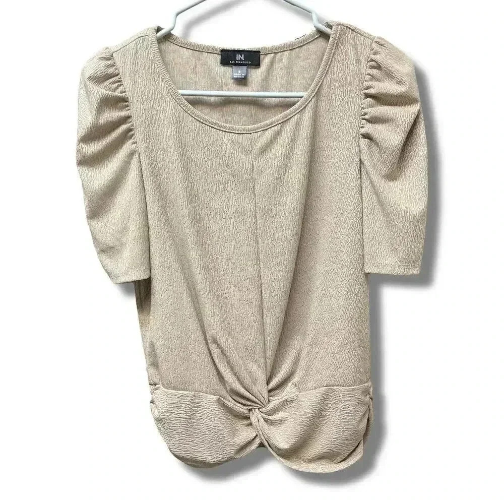 IN San Francisco Women's Beige Puff Sleeve Twist-Front Blouse Size S